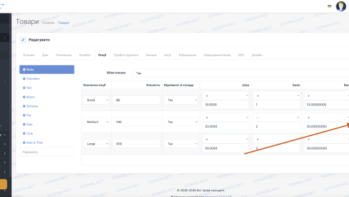 Опции по умолчанию OpenCart