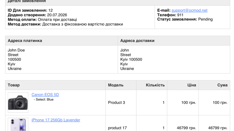 Фото товару у листі замовлення OpenCart