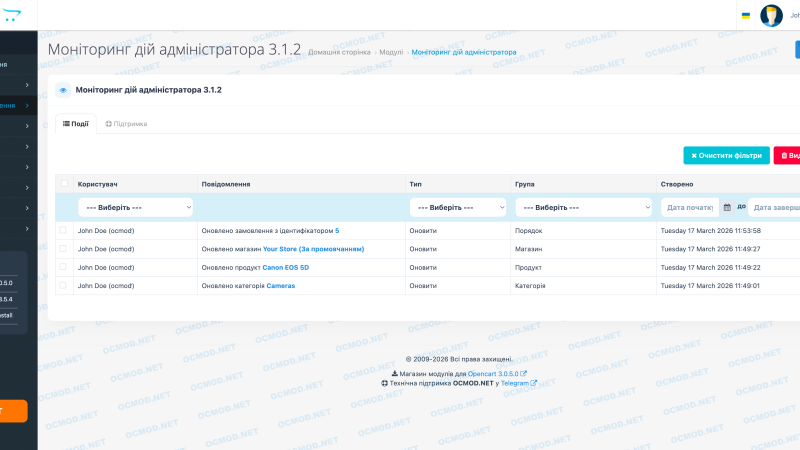 Мониторинг действий администратора в OpenCart