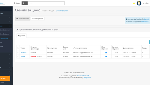 Модуль Следить за ценой OpenCart