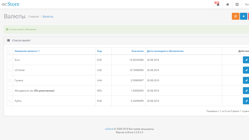 Currency update through the National Bank of Moldova OpenCart