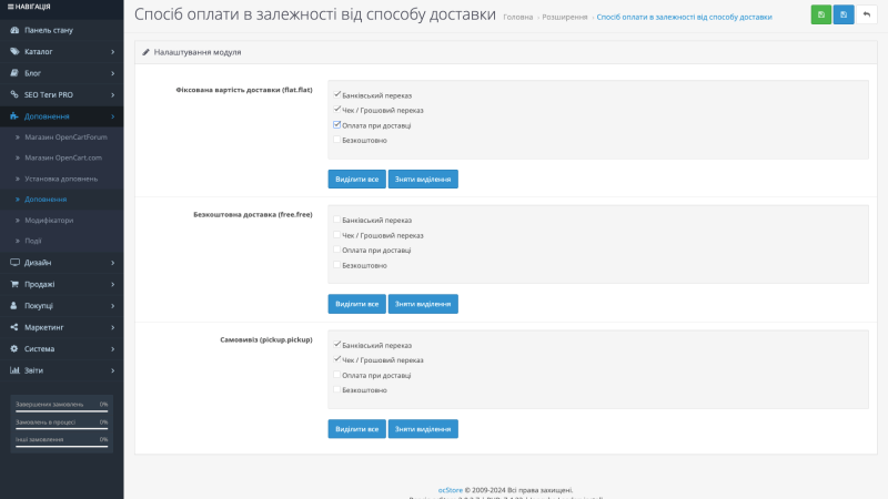 Способ оплаты в зависимости от способа доставки для OpenCart