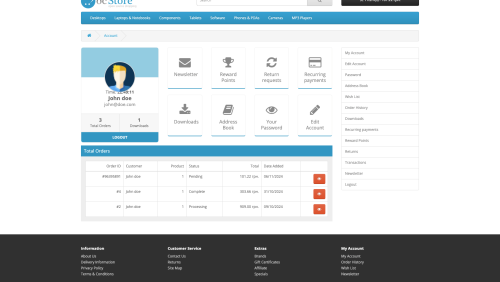 Панель управления аккаунтом OpenCart