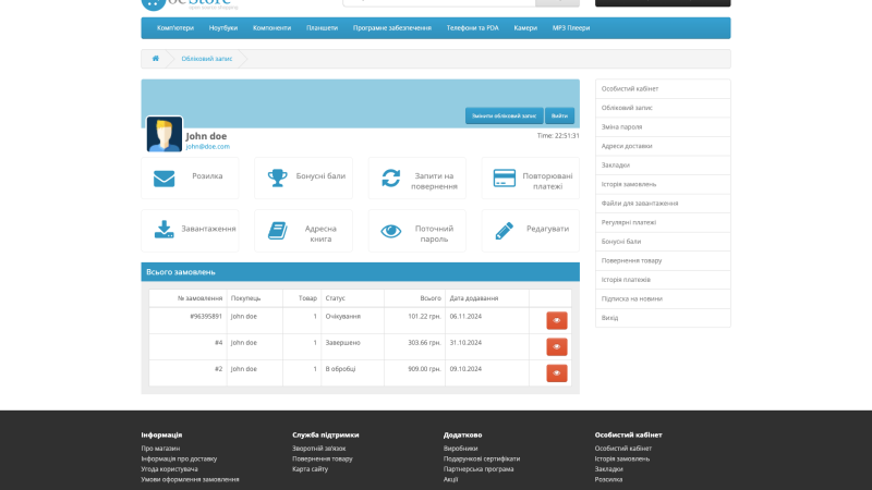 Панель управления аккаунтом OpenCart